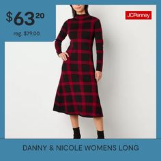 a woman is wearing a dress with a plaid pattern on it and the price $ 69