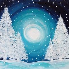 an acrylic painting of snow covered trees in front of a night sky with stars