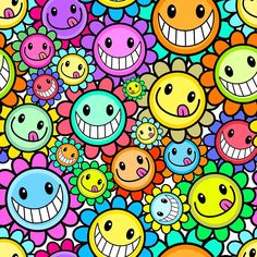 an image of many different colored smiley faces on a colorful background with hearts and flowers