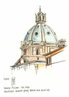 a drawing of a building with a clock on it's top and steeple