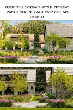 the front and back side of a house with landscaping on both sides, including flowers and trees