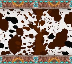 a cow print with brown spots on it's skin is framed by a decorative border