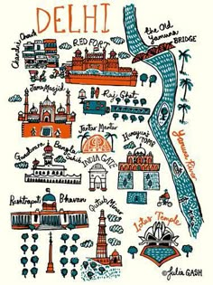 the map of delhi, india with all its major landmarks and attractions drawn on it