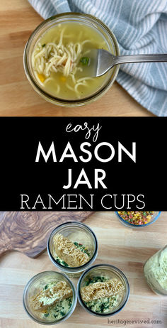 Cup of hot noodles and jars of dry soup mix below with text "Easy mason jar ramen cups" Storing Food In Mason Jars, Homemade Ramen In A Jar, Just Add Hot Water Meals In A Jar, Dehydrator Meals In A Jar, Jar Snacks Ideas, Diy Ramen Soup Mason Jars, Meals To Can In A Jar, Mason Jar Soup Gifts Easy Diy, Canned Meals In A Jar Recipes