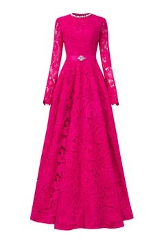 Elegance meets sophistication in this dress. The exquisite lace and crystal embellishments on the neckline and belt add a touch of glamour. With a full ball gown silhouette, this floor length dress is perfect for any formal occasion. *Note: The length is measured from the shoulder to the shortest of the front. Fall Gowns, Robe Fuchsia, Taffeta Gown, Ball Gown Silhouette, Gown Silhouette, Types Of Lace, Royal Clothing, Lace Layers, Womens Prom Dresses