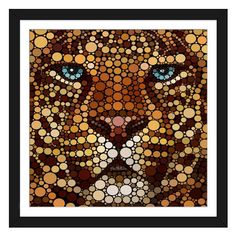 a painting of a leopard with blue eyes and brown spots on it's face