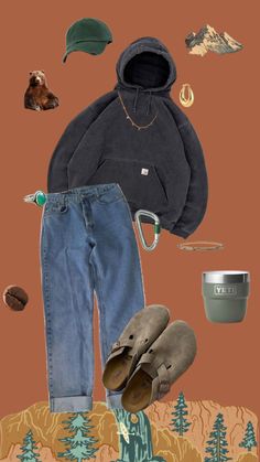 an assortment of clothing and accessories including shoes, hats, and other items on a brown background