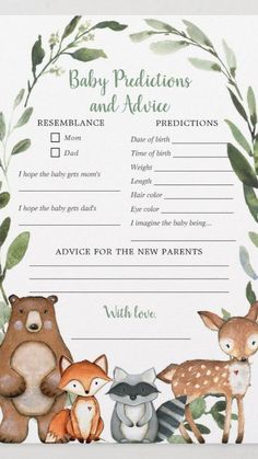 a baby shower game with woodland animals and leaves on the front, in green tones