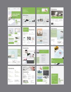 a bunch of green and white brochures are displayed on a gray background,