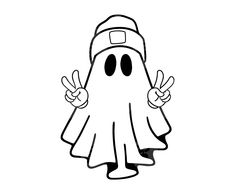 a black and white drawing of a ghost with two fingers up in the air,