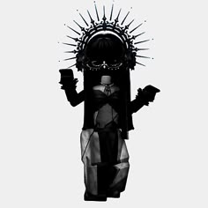 a black and white photo of a statue with spikes on it's head, holding two cell phones