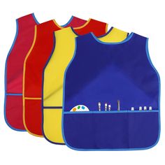 three colorful bibs with toothbrushes in them