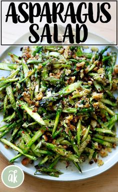 asparagus salad on a white plate with the title above it