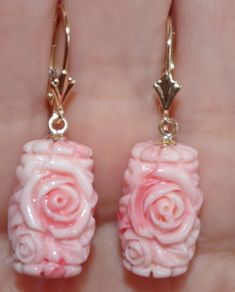 WELCOME TO MY HANDMADE STORE: HANDMADE GORGEOUS PAIR OF 14K GOLD HAND CARVED SYNTHETIC LARGE ANGEL SKIN CORAL CARVED ROSE FLOWER 37 MM TOP TO BOTTOM INCLUDING BAIL DROP LEVER BACK EARRINGS VERY NICE SIZE CORAL DROP LEVER BACKS INCREDIBLE DETAILED CARVING LENGTH OF CORAL DROPS ONLY 20 MM DIAMETER OF CORALS AT LARGEST AREA: 20 LENGTH X 12 MM WIDE FROM TOP TO BOTTOM INCLUDING EAR WIRES 37MM 14K SOLID GOLD SIGNED AS 14K SEE PHOTOS. GORGEOUS CARVING AND COLORING ON THESE CARVED TEAR DROP ANGEL SKIN C Flower Angel, Angel Skin, Tiny Pendant, Gold Sign, Coral Ring, Gold Hand, Leverback Earrings, Cz Earrings