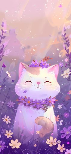 a white cat with purple flowers on its head is sitting in the middle of a field