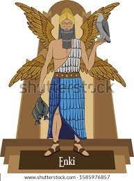 an egyptian god with two birds perched on his shoulder and the word enki above him