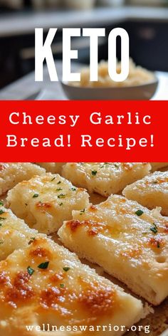 cheesey garlic bread recipe with text overlay