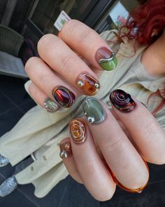 NAILMAMKA | 1 or 2? | Instagram Green Nails Autumn, Fall Gel Nail Colors, Brown And Green Nails, Green Nails Short, Brown Fall Nails, Fall Nails Ideas, Mens Nails, Hippie Nails, Fall Gel Nails