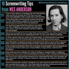 a poster with an image of a man's face and the words screen writing tips from wes anderson