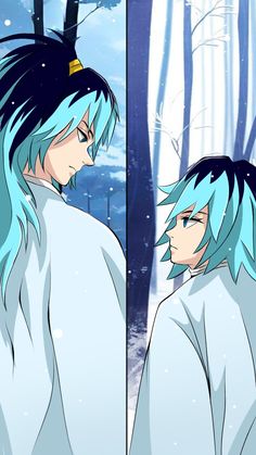 two anime characters with blue hair standing in the snow and looking at each other's eyes