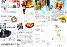 an article in a magazine with drawings and words about chicago's famous landmarks on it