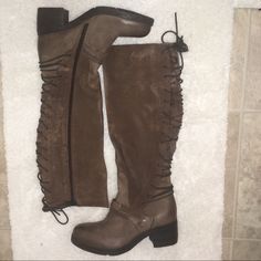 Brown Suede Boots With 2 Inch Heel, Upper Calf Height. New Never Worn. Lacing In The Back. Brown Suede Boots, 2 Inch Heels, Suede Boots, Brown Suede, Rain Boots, The Back, Size 7, Women Shoes, Boots