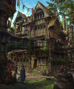 an old - fashioned house with lots of windows and balconies is shown in this digital painting