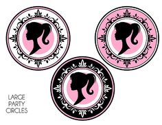 three pink and black paper plates with silhouettes of women in the center, on a white background