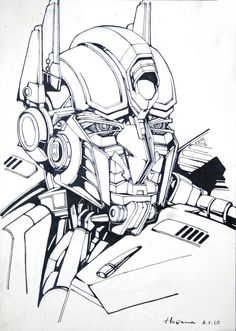 a black and white drawing of a robot