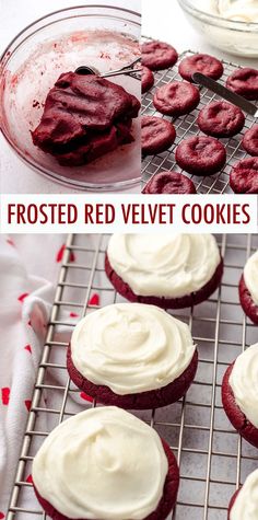 frosted red velvet cookies with white icing on a cooling rack and in the foreground