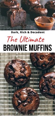 brownie muffins on a cooling rack with text overlay