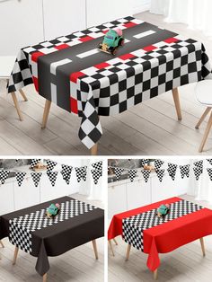 the table is covered with black and white checkered cloths as if it were racing cars