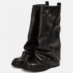 Sleek Modern Mid-Calf Leather Slouch Boots – Trend4us Sleek Modern Outfits, Wide Calf Boots Outfit, Slouch Boots Outfit, Loose Boots, Long Winter Boots, Slouch Boots, Flat Heels, Slouchy Boots, Shoe Inspo