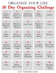 the 30 day organizing challenge is shown in red and white, with text that reads organize your