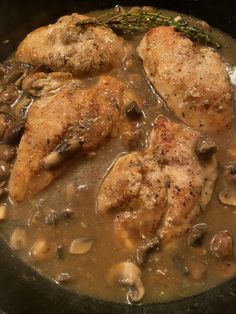 chicken and mushroom stew in a skillet ready to be eaten