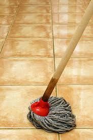 a mop with a red ball on top of it sitting on a tile floor