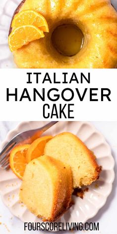 this is an italian hangover cake with oranges on top and the bundt cake has been cut in half