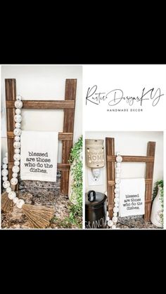 three different pictures of wooden frames with white beads and wood letters on the bottom, one is