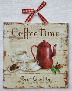 two wooden signs with coffee time on them hanging from a white doily table cloth