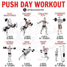 a poster showing how to do push day workouts for the entire body and shoulders