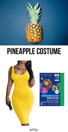 a woman in a yellow dress next to a pineapple costume and the caption reads, pineapple costume