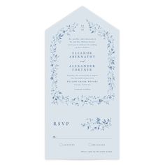 the wedding stationery is shown in light blue and features an ornate frame with leaves on it