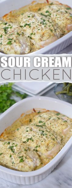 two pictures of chicken in a white casserole dish with parsley on top