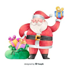 a watercolor drawing of a santa clause holding a present