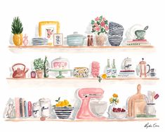 two shelves filled with different types of kitchen items