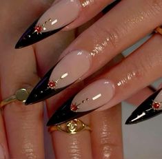 Goth Nail Inspiration, Nails For Hairstylist, Fall Pointy Nails, Dark Feminine Aesthetic Nails, Stiletto Aura Nails, Red Gold And Black Nails, Halloween Nail Designs Almond, Black Nail Designs Trending Now, Hourglass Nails