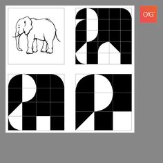 an elephant is shown on the letter p and it's letters are black and white