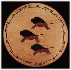 three birds are depicted on an old native american pottery plate that has been painted with black and red paint