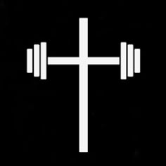 a white cross on a black background with barbells in the foreground and an arrow at the top