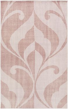 an area rug with pink and white designs on the front, along with a beige background